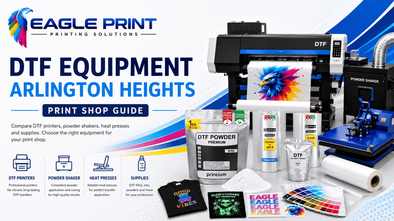 DTF equipment in Arlington Heights featuring a DTF printer, powder shaker, heat press, transfer supplies, and Eagle Print branding.