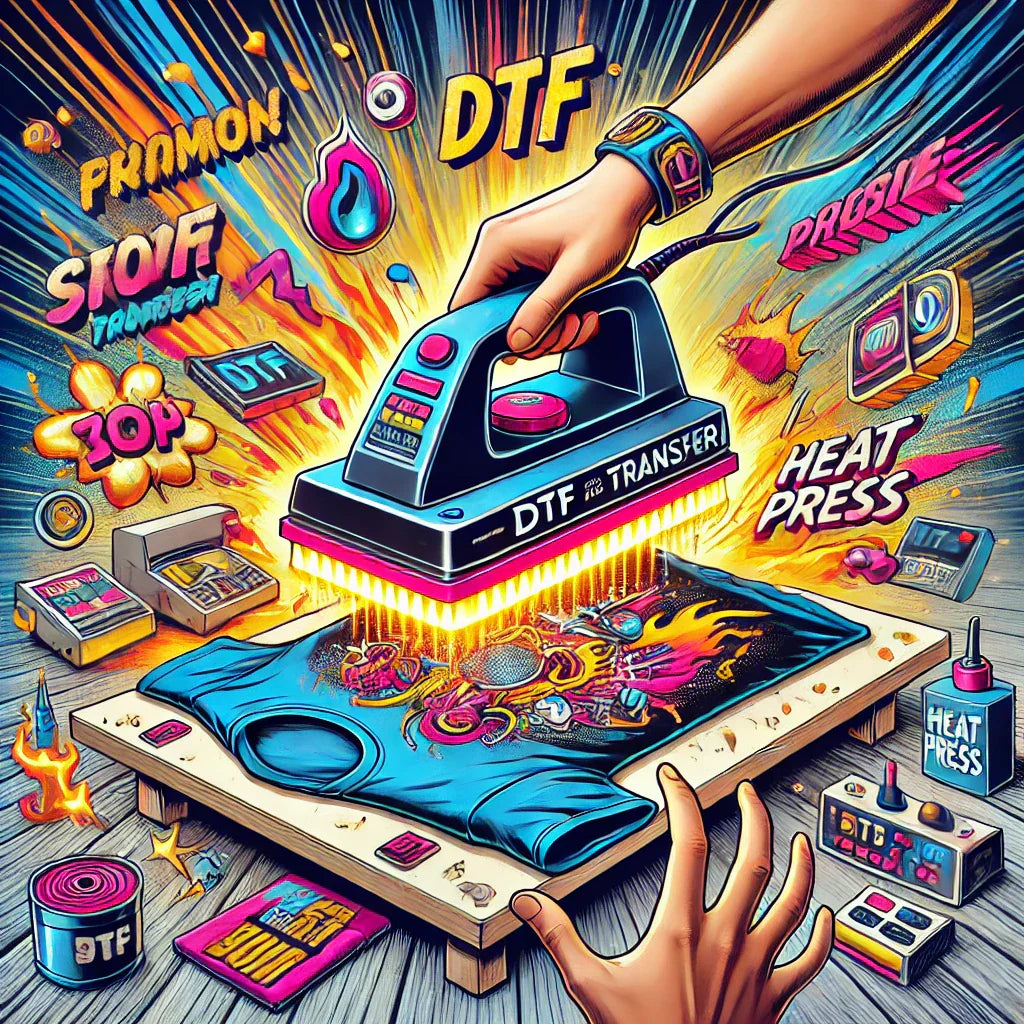 DTF transfer process: design printed on film and applied to a shirt using heat press.