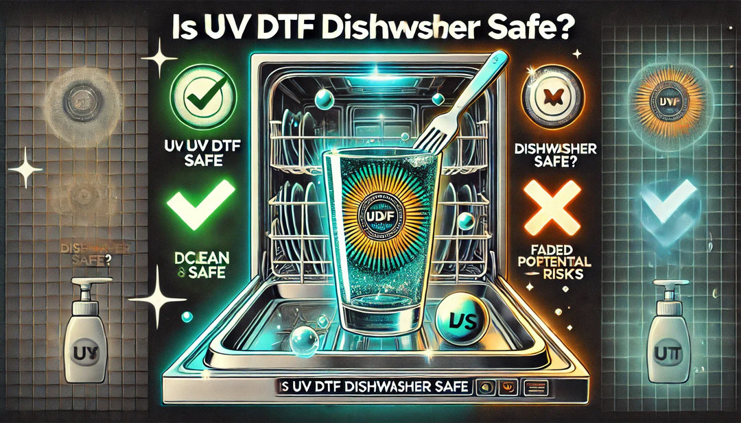 "UV DTF transfer on a glass tumbler after dishwasher use – vibrant colors intact"