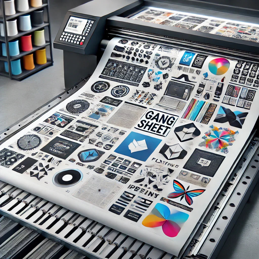 Gang sheet layout with various custom designs arranged efficiently on transfer film for printing."