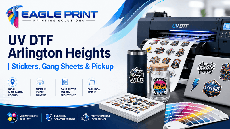 Eagle Print UV DTF printing banner featuring a UV DTF printer, custom stickers, gang sheets, printed tumblers, color swatches, and local pickup services in Arlington Heights.