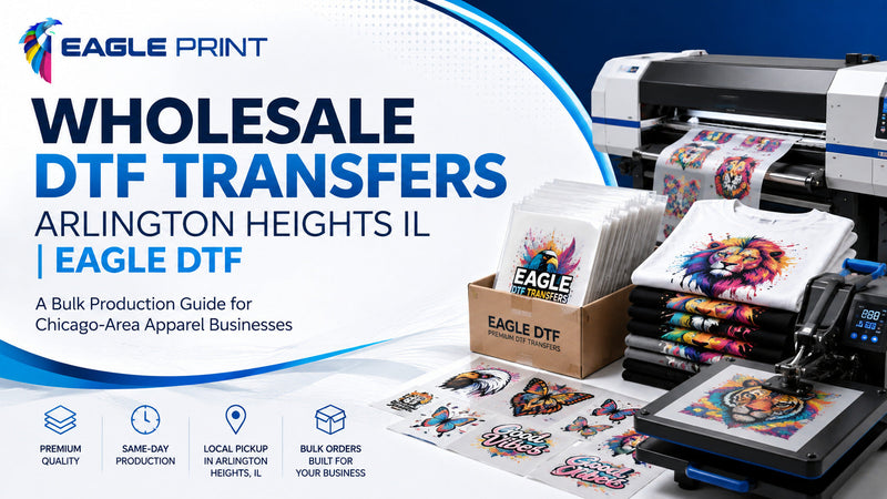 Wholesale DTF transfers in Arlington Heights, IL for Chicago-area apparel businesses, featuring DTF printing, transfer sheets, custom apparel, and bulk production.