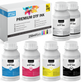 Premium DTF ink 6x250ml set with cyan, magenta, yellow, black, and white bottles for printing