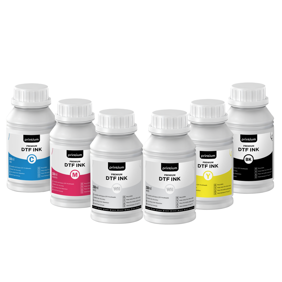 Six bottles of premium DTF ink in assorted colors for direct to film printing