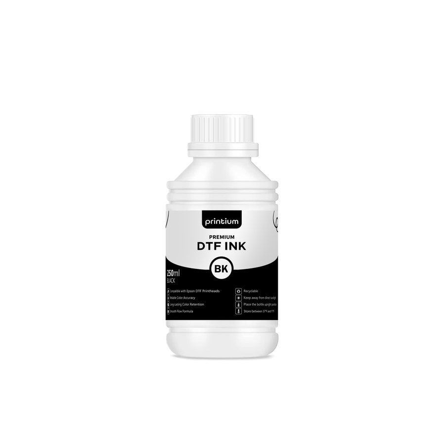 250ml bottle of black DTF ink for garment printing, labeled premium and compatible with Epson printers