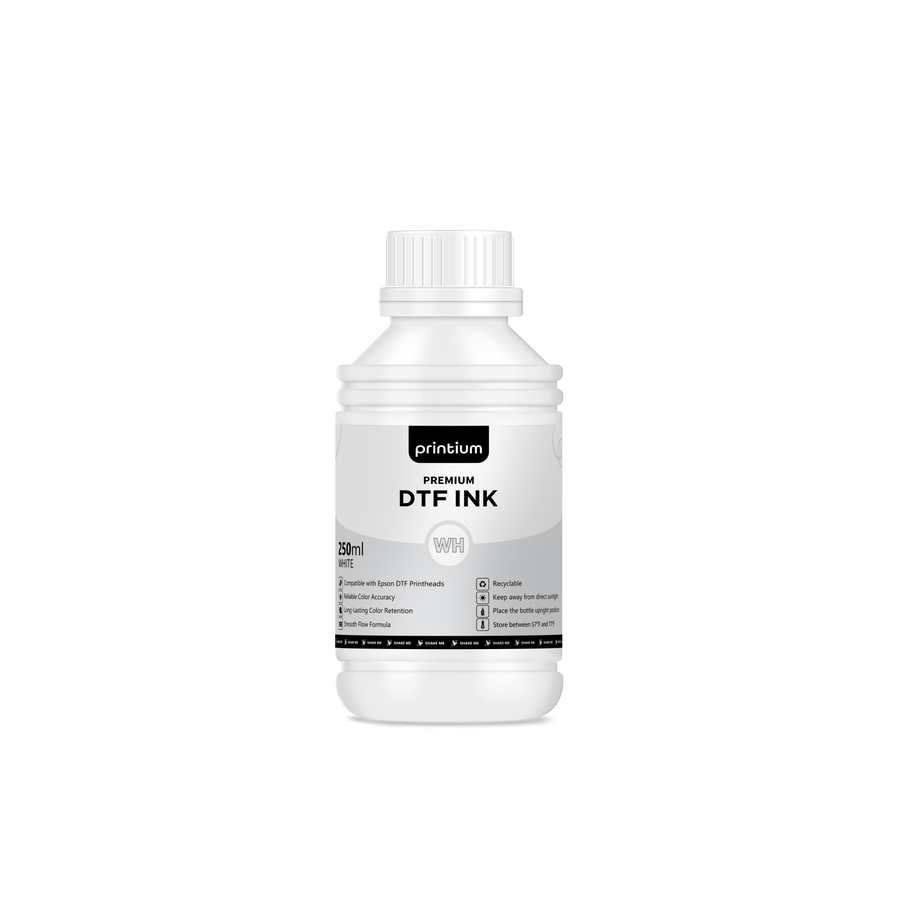 250ml bottle of white DTF ink for direct to film printing, labeled for Epson printheads